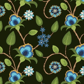 XL Traditional Indian Floral Trailing Vines in Hand Drawn Motifs Blue OLIVE GREEN