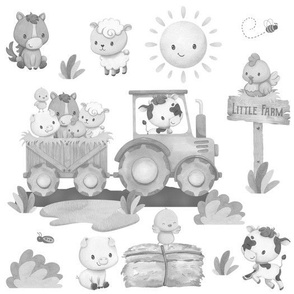 Farm Animals Tractor Baby Nursery Kids Fabric Wallpaper Gray 
