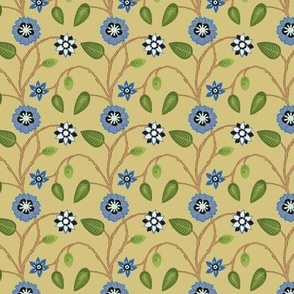 Small Traditional Indian Floral Trailing Vines in Hand Drawn Motifs Blue Green Yellow