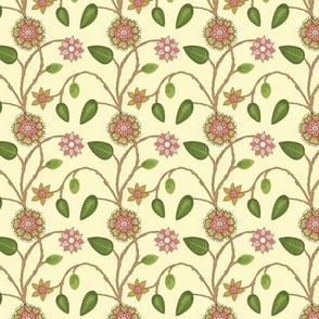 Small Traditional Indian Floral Trailing Vines in Hand Drawn Motifs Pink Peach Yellow