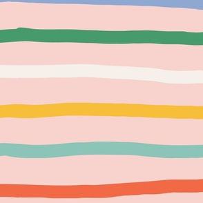 (L) - organic, bright, multicolored hand drawn organic horizontal stripes on pastel pink