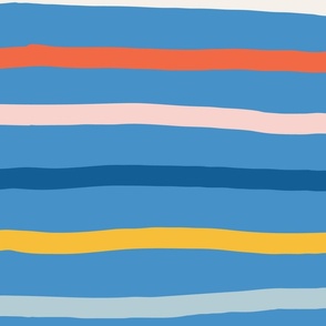 (L) - organic, bright, multicolored hand drawn organic horizontal stripes on bright blue