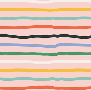 (M) - organic, bright, multicolored hand drawn organic horizontal stripes on pastel pink