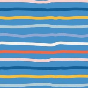 (M) - organic, bright, multicolored hand drawn organic horizontal stripes on bright blue