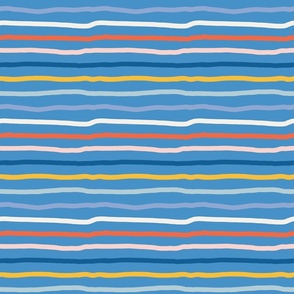 (S) - organic, bright, multicolored hand drawn organic horizontal stripes on bright blue