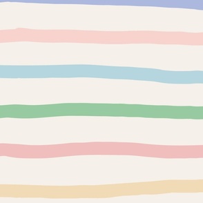 (L) - calming, gentle pastel colors,  multi-colored hand drawn organic horizontal stripes on off-white