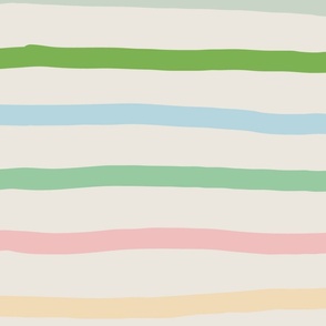 (L) - organic, pastel colors,  multi-colored hand drawn organic horizontal stripes on off-white