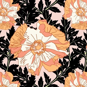 Peach and Pink Poppies with Black Leaves