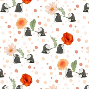 Cute watercolor floral penguins for girl nursery black, orange red on white