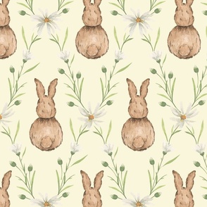 Large Whimsical Watercolor Woodland Rabbits in White Daisy Diamonds with Dulux Lyonnaise Pastel Yellow Background