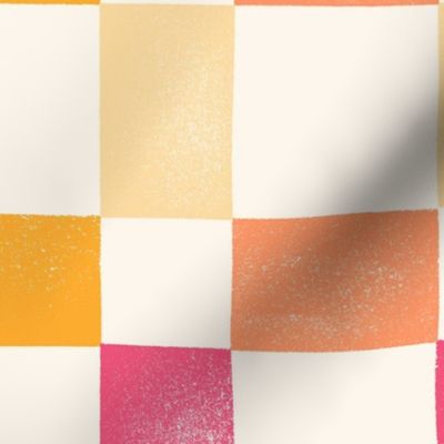 [L] Playful Retro Checkerboard - Fun stamped rectangles in pink, orange and yellow