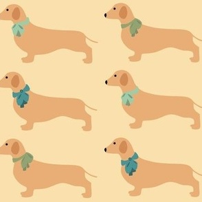 Dachshunds with teal bows on lemon yellow