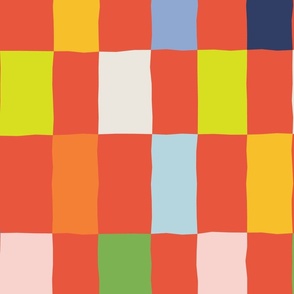 (L) pretty wonky rainbow checker board, check print, modern bright colors - red, lime, pink