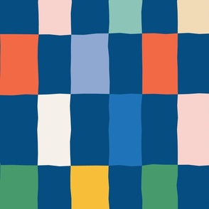 (L) pretty wonky rainbow checker board, check print, modern bright colors - blue, red, yellow, white
