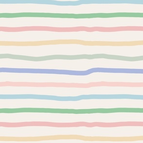 (M) - calming, gentle pastel colors,  multi-colored hand drawn organic horizontal stripes on off-white