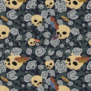 Cottagecore Halloween - skulls sink among roses/moths/ leaves/deep grays and browns/ pale yellow/ red orange