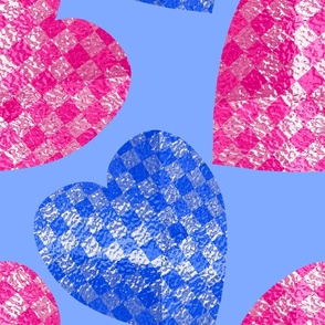 Stained Glass Pink Blue Hearts / Pink Blue Gingham Stained Glass Hearts - Jumbo Scale