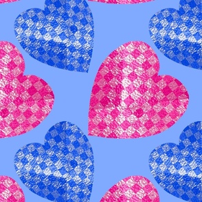 Stained Glass Pink Blue Hearts / Pink Blue Gingham Stained Glass Hearts - Large Scale