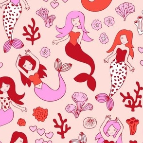 Sweet summer - Little mermaid girls theme with deep sea ocean coral in orange Pink burgundy red on blush