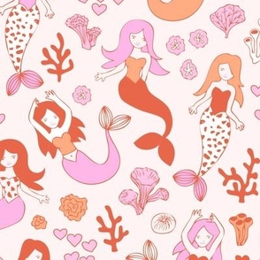 Sweet summer - Little mermaid girls theme with deep sea ocean coral in orange pink palette on ivory
