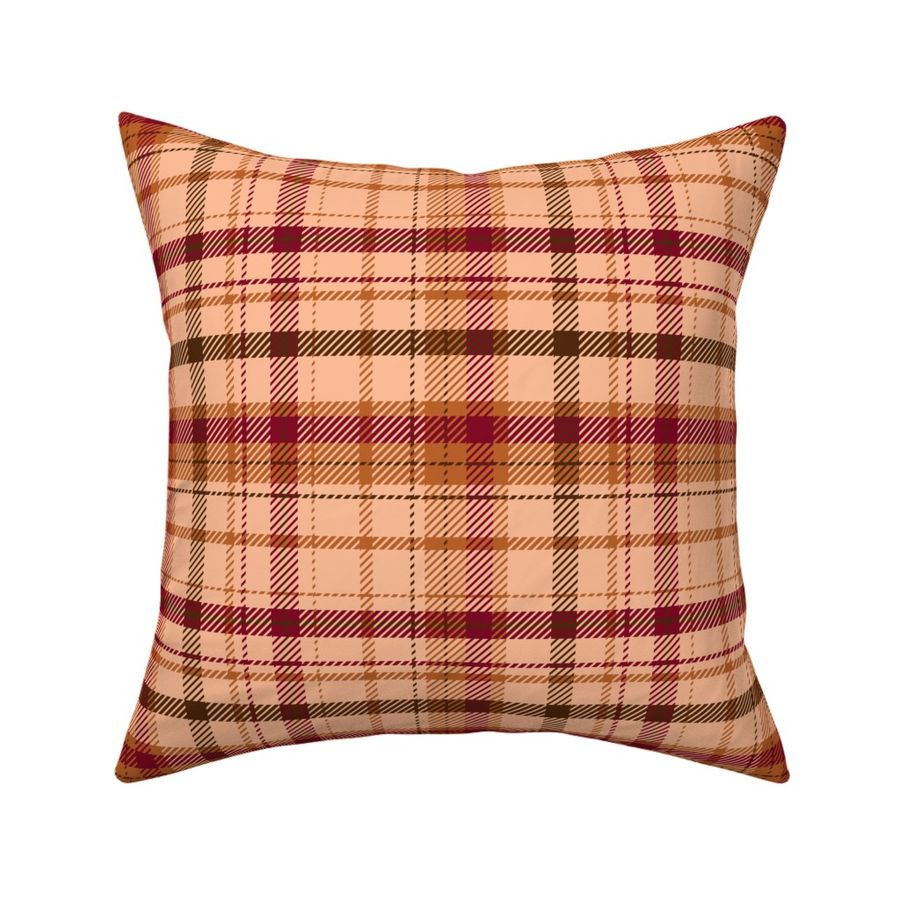 Madras plaid in peach fuzz burnt orange dark brown and cranberry red