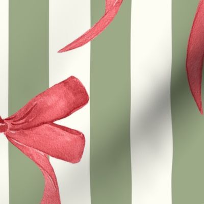 Large Pink Watercolor bow - Christmas Pink bows on Laurel Green and natural white stripes - preppy bow - Christmas bow pattern painted bows