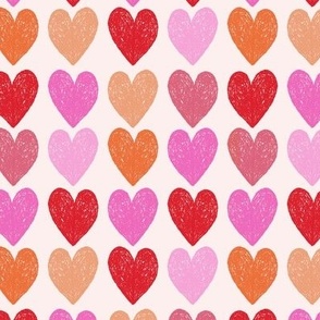Retro Style boho hearts in rows  - valentine love design pink red orange girls palette on ivory