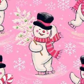 Vintage kitsch Christmas Snowman , hand-drawn retro kitsch fabric Wb24  pink large scale
