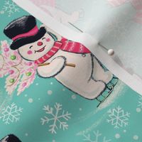 Vintage kitsch Christmas Snowman , hand-drawn retro kitsch fabric Wb24  turquoise medium scale