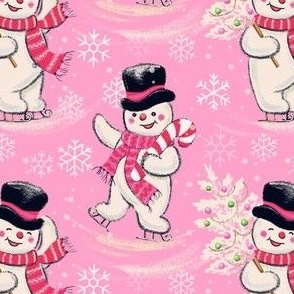 Vintage kitsch Christmas Snowman , hand-drawn retro kitsch fabric Wb24  pink medium scale