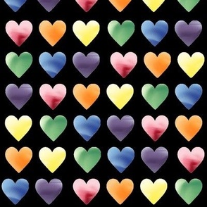 Watercolor Rainbow Hearts on Black-Large Scale