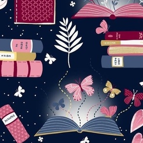 L / Midnight Blue and Pink Books Reading Dreaming