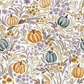 Whimsical Pumpkin Florals - Watercolour delicate Autumn Harvest