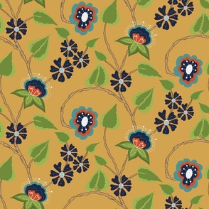 XL Cottage Core Botanical Trailing Vines in Hand Drawn Motifs Navy Blue Mustard