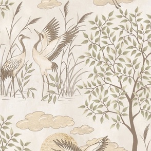 (L) Crane and golden sun vintage textured background L scale- neutral, beige, cream 