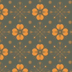 Geometric Christmas snow flake mandala - saffron orange on rosemary green background