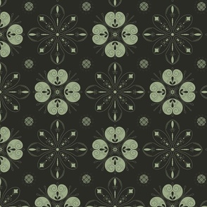 Geometric Christmas snow flake mandala - laurel green on black background