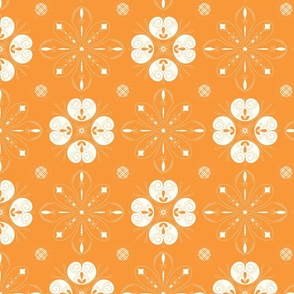 Geometric Christmas snow flake mandala - white on bright saffron orange background