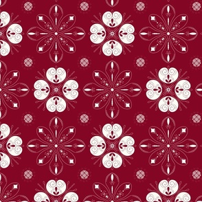 Geometric Christmas snow flake mandala - white on cranberry red background