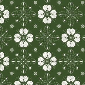 Geometric Christmas snow flake mandala - white on dark green background