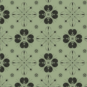 Geometric Christmas snow flake mandala - black on laurel green background