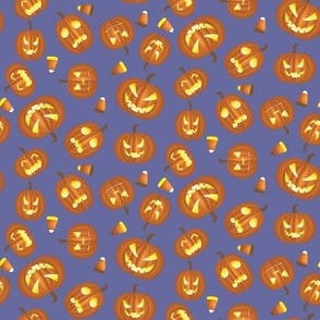 Tossed Scary Halloween Pumpkins on Purple Ground Small Scale