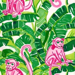 Preppy pink monkeys and banana leaves markers and watercolor