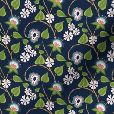 Medium Cottage Core Botanical Trailing Vines Hand Drawn Motifs Navy Blue White