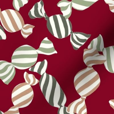 Medium I want candy - Caramel Taupe Laurel and Rosemary Green on Cranberry Red - striped candy - festive peppermint christmas candy mints - kids holiday party - retro candy stripe naturalchristmascc