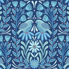 M Elegant Blue Floral Fabric with Bird Pattern - Scandinavian Design, Botanical Art, and Woodland Theme 0045 N