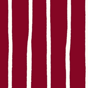 Large Handdrawn stripe - Natural White on Cranberry Red - candy stripe - thick thin stripe - wonky stripe - vertical stripe - variegated stripes - christmas stripe