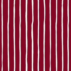 Extra Small Handdrawn stripe - Natural White on Cranberry Red - candy stripe - thick thin stripe - wonky stripe - vertical stripe - variegated stripes - christmas stripe