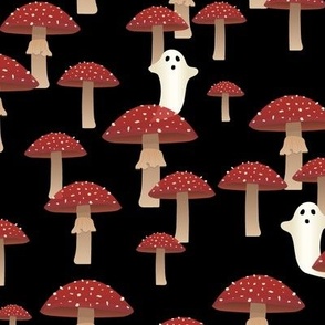 Poisonous Mushroom Garden with Ghosts on Black Large Scale