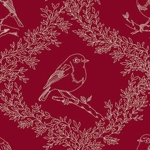 Small Winter birds - robins and foliage - Cornsilk off white on Cranberry Red - natural christmas - Nature Leaves Diaper Pattern Grid Lattice Trellis